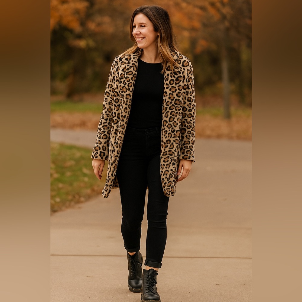 Fleece Animal Print Leopard Print Open-Front Jacket